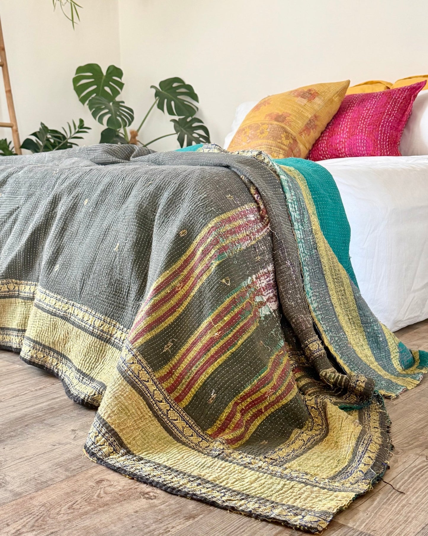 Fine Stitched Embroidered Vintage Kantha Quilt in Green and Gold - Biggs & Hill