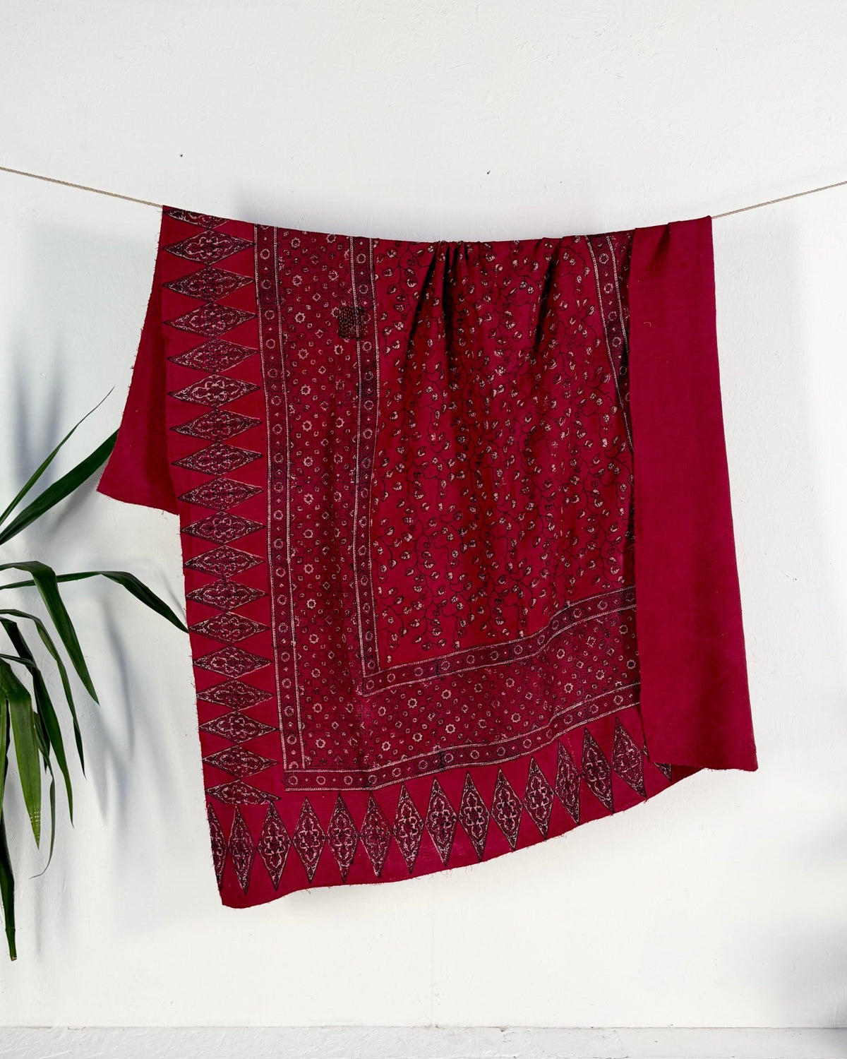 Ajrakh Printed Vintage Kantha Quilt in Deep Red - Biggs & Hill