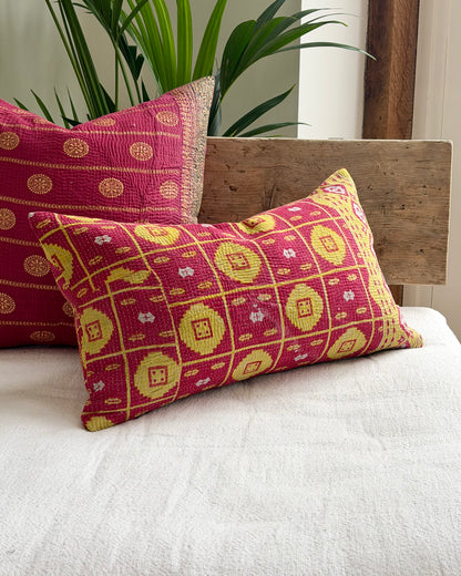 Vintage Kantha Cushion In Lime Green and Pink - Small Rectangular
