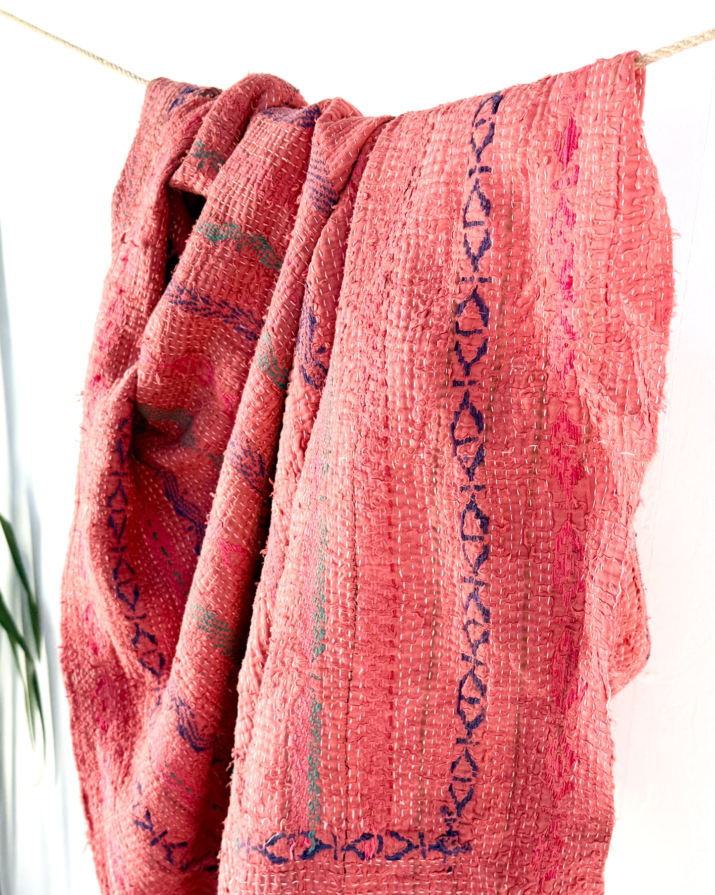 Textured and Embroidered Vintage Kantha Quilt In Deep Pink
