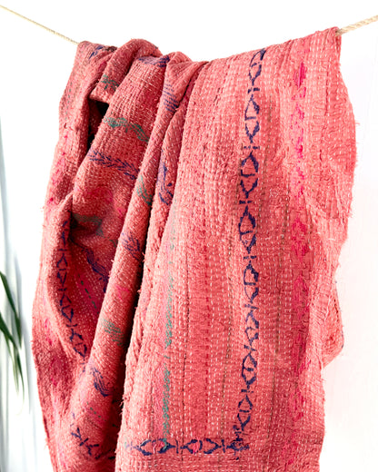 Textured and Embroidered Vintage Kantha Quilt In Deep Pink