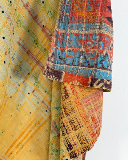Large Textured Vintage Kantha Quilt In Soft Yellow and Orange