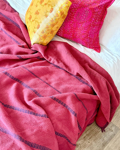 Fine Stitched Embroidered Vintage Kantha Quilt in Deep Plum Red - Biggs & Hill