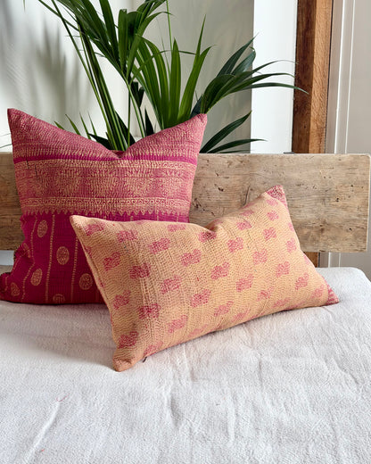 Vintage Kantha Cushion In Pink and Beige - Small Rectangular