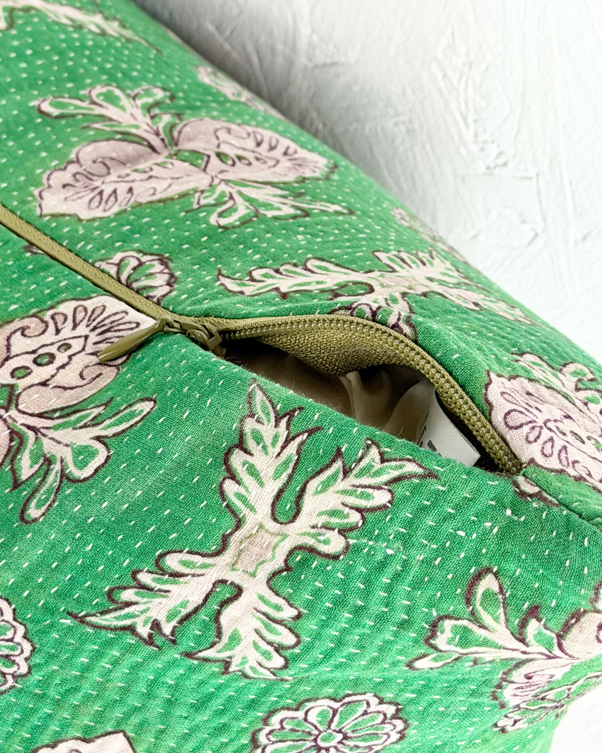 Handmade Vintage Kantha Cushion Cover In Green and Purple- 45cm (18") Square