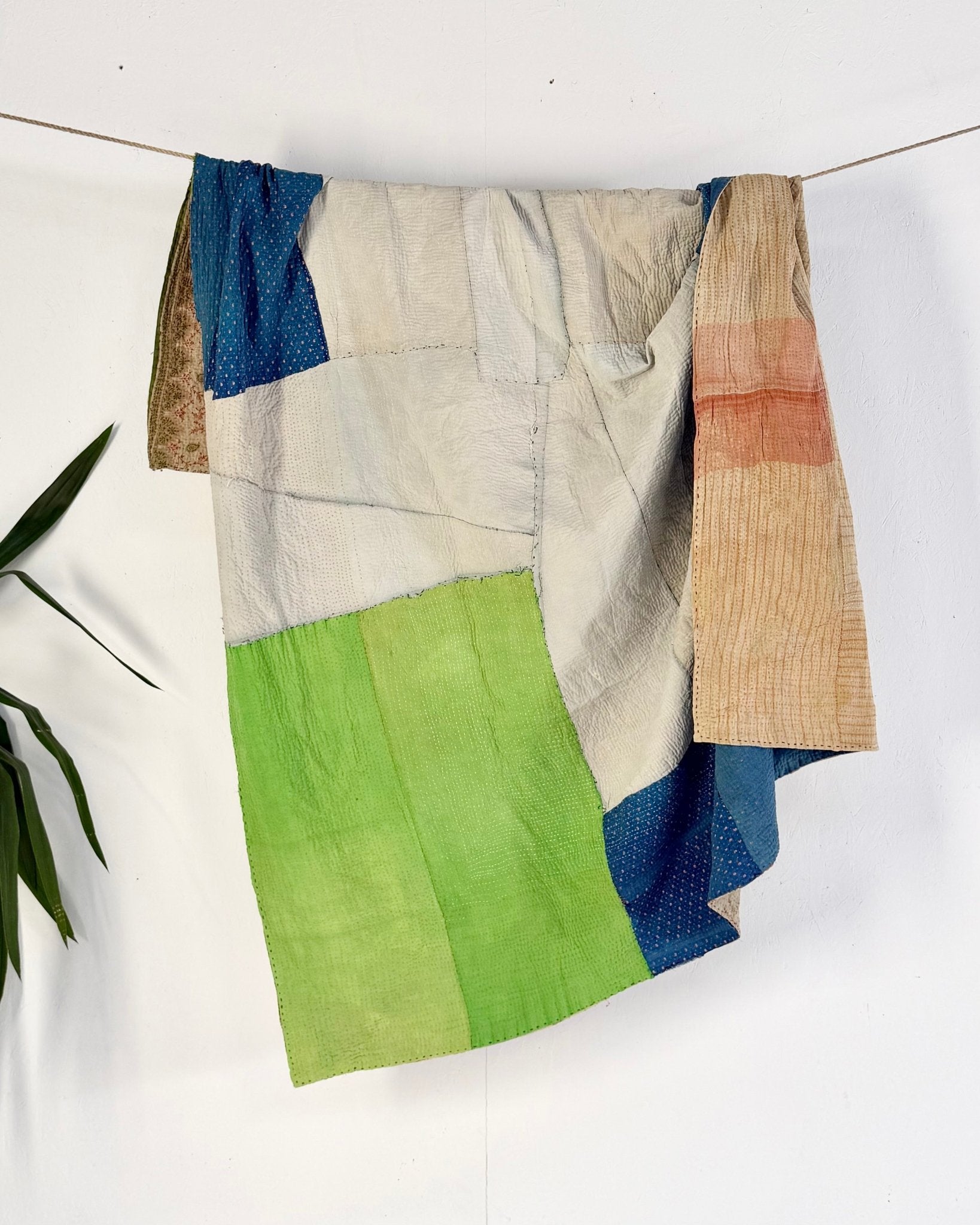 Fine Stitched Vintage Kantha Quilt in Patchwork Blue, White and Green - Biggs & Hill