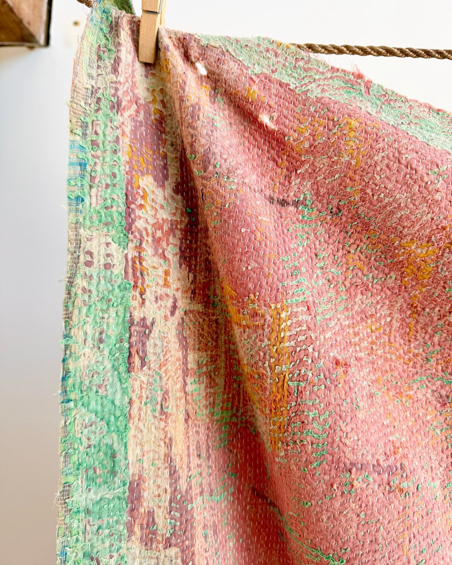Project Kantha Quilt: Pink, Yellow and Green With Authentic Aged Texture - Biggs & Hill