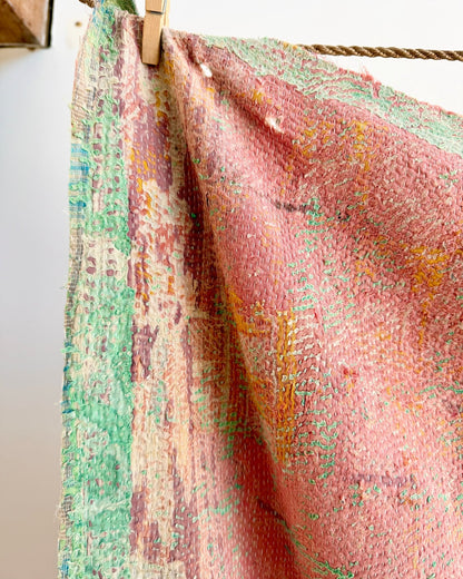 Project Kantha Quilt: Pink, Yellow and Green With Authentic Aged Texture - Biggs & Hill