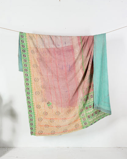 Large Embroidered Vintage Kantha Quilt in Pink, Green and Blue
