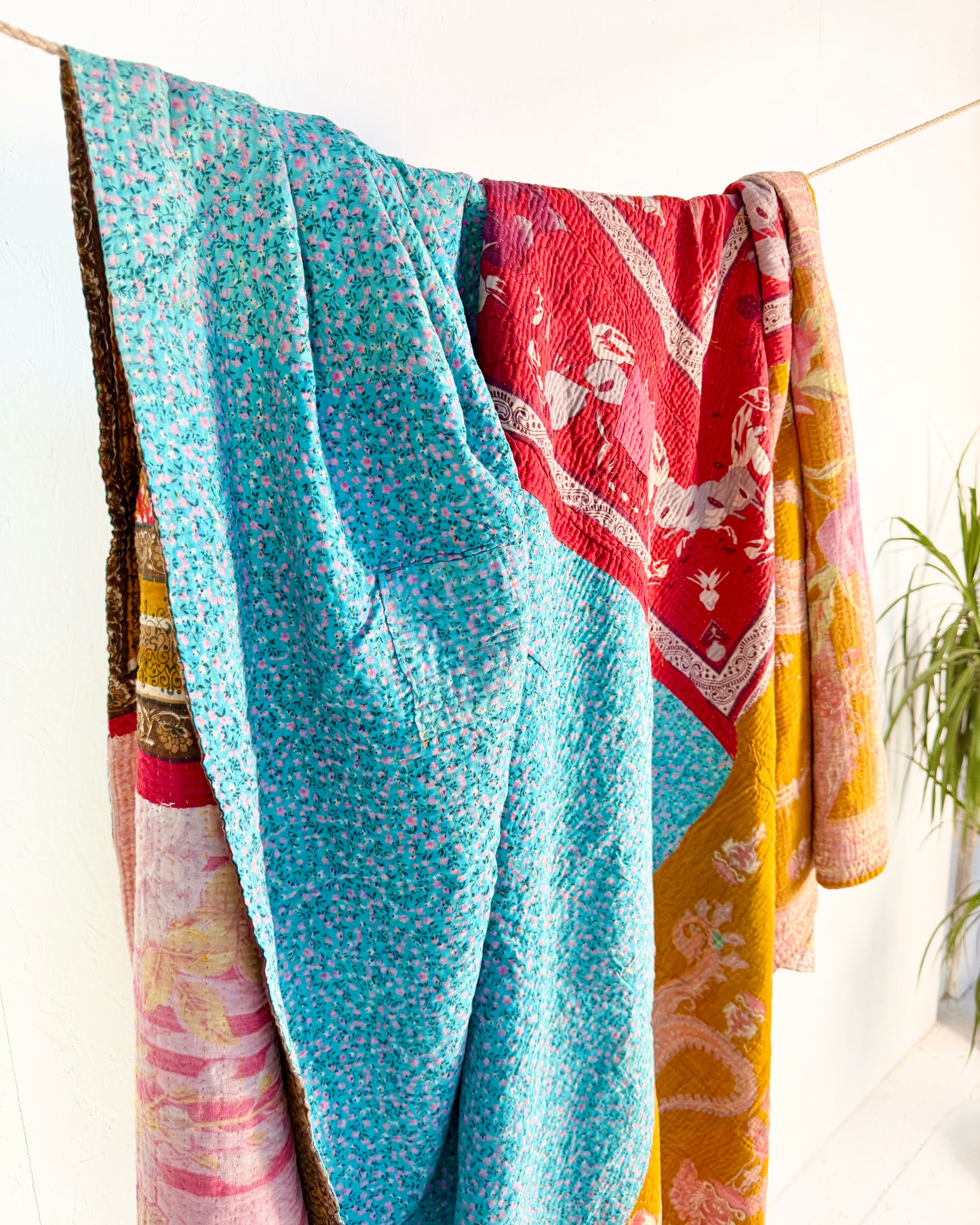 Extra Large Large Fine Stitched Vintage Kantha Quilt in Vibrant Pink, Turquoise, Mustard and Red
