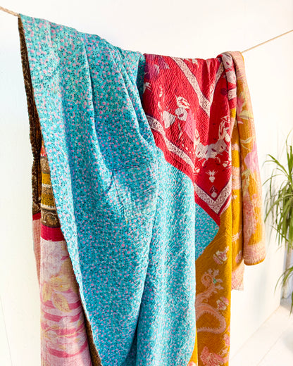 Extra Large Large Fine Stitched Vintage Kantha Quilt in Vibrant Pink, Turquoise, Mustard and Red