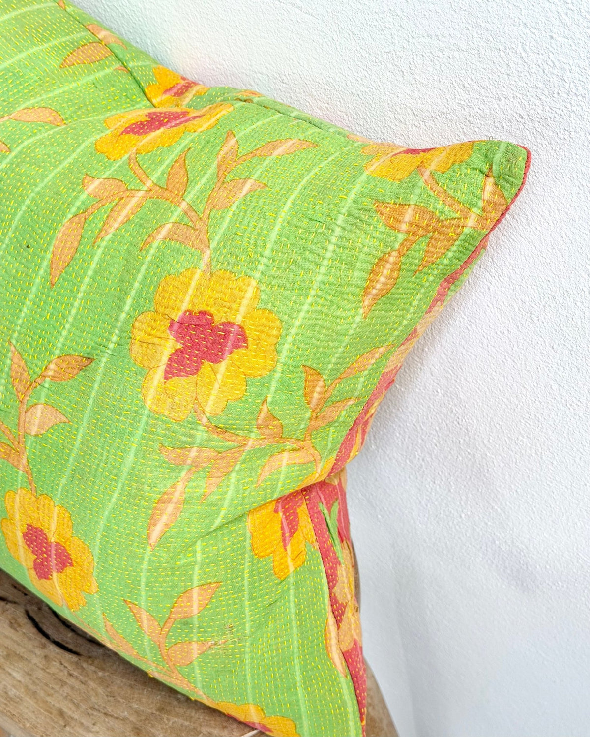 Handmade Reversible Vintage Kantha Cushion Cover In Green and Yellow - 45cm (18") - Biggs & Hill