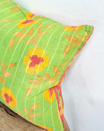 Handmade Reversible Vintage Kantha Cushion Cover In Green and Yellow - 45cm (18") - Biggs & Hill
