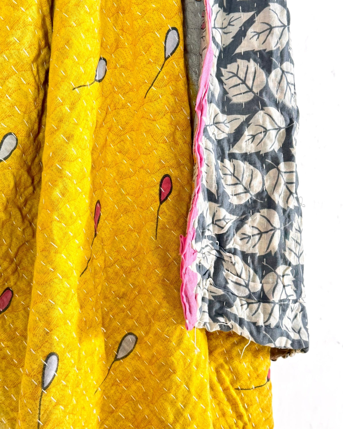 Vintage Cotton Kantha Quilt In Yellow and Pink 10 - Biggs & Hill