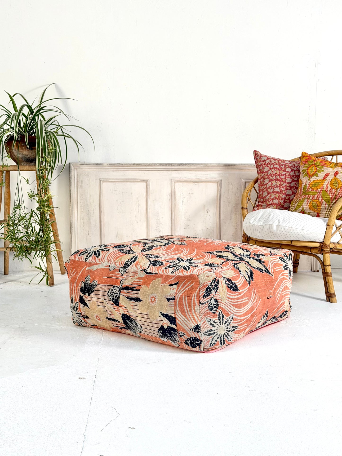 Extra Large Square Pouf Cushion Cover In Pink and Black Floral