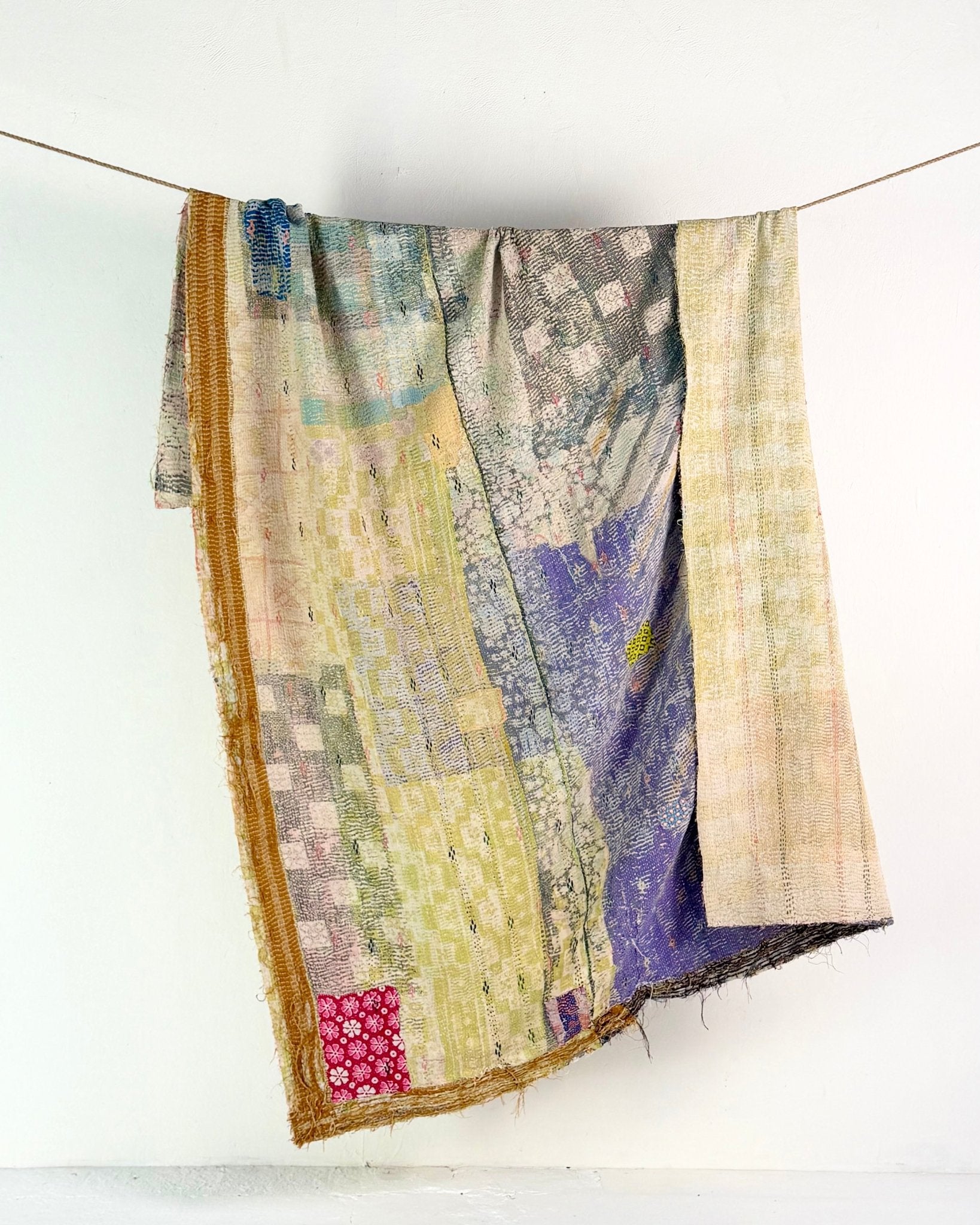 Textured Vintage Kantha Quilt In Blue and Gold - Biggs & Hill