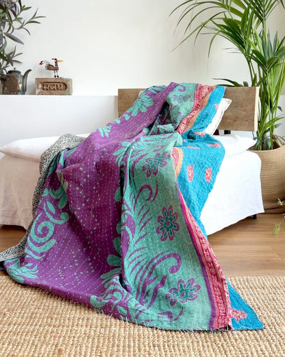Vintage Cotton Kantha Quilt In Turquoise and Purple #19