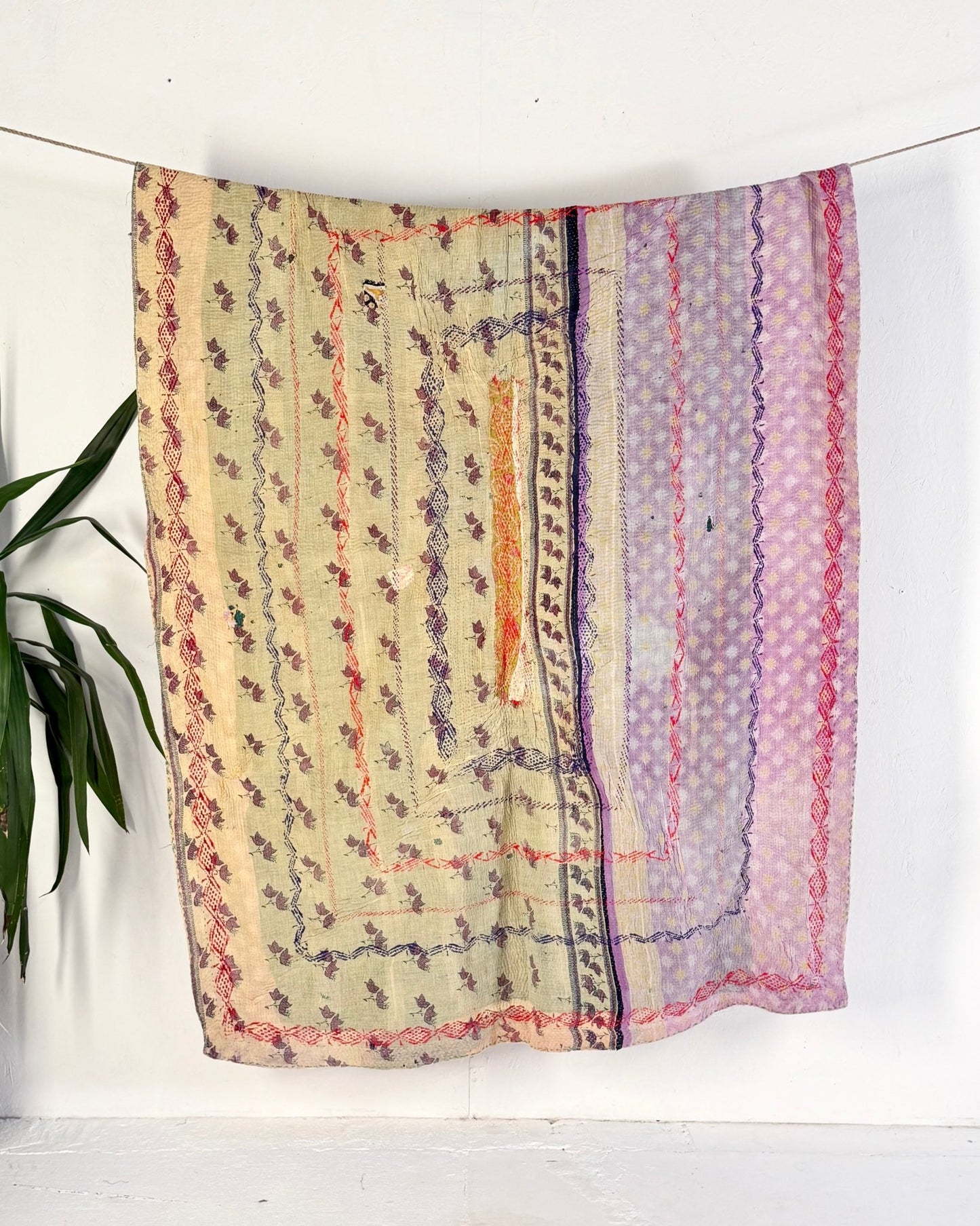 Embroidered Vintage Kantha Quilt in Yellow, Pink and Lilac - Biggs & Hill