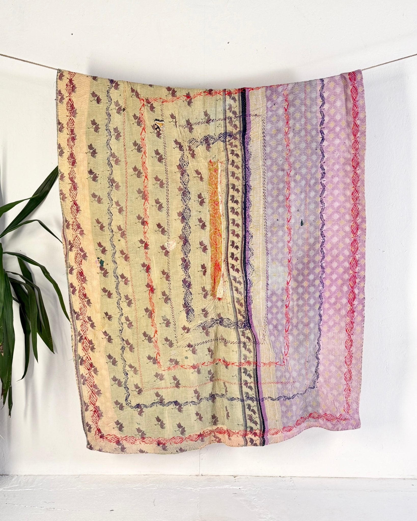 Embroidered Vintage Kantha Quilt in Yellow, Pink and Lilac - Biggs & Hill