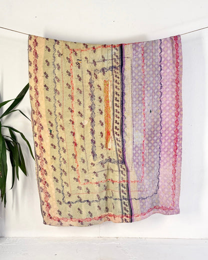 Embroidered Vintage Kantha Quilt in Yellow, Pink and Lilac - Biggs & Hill