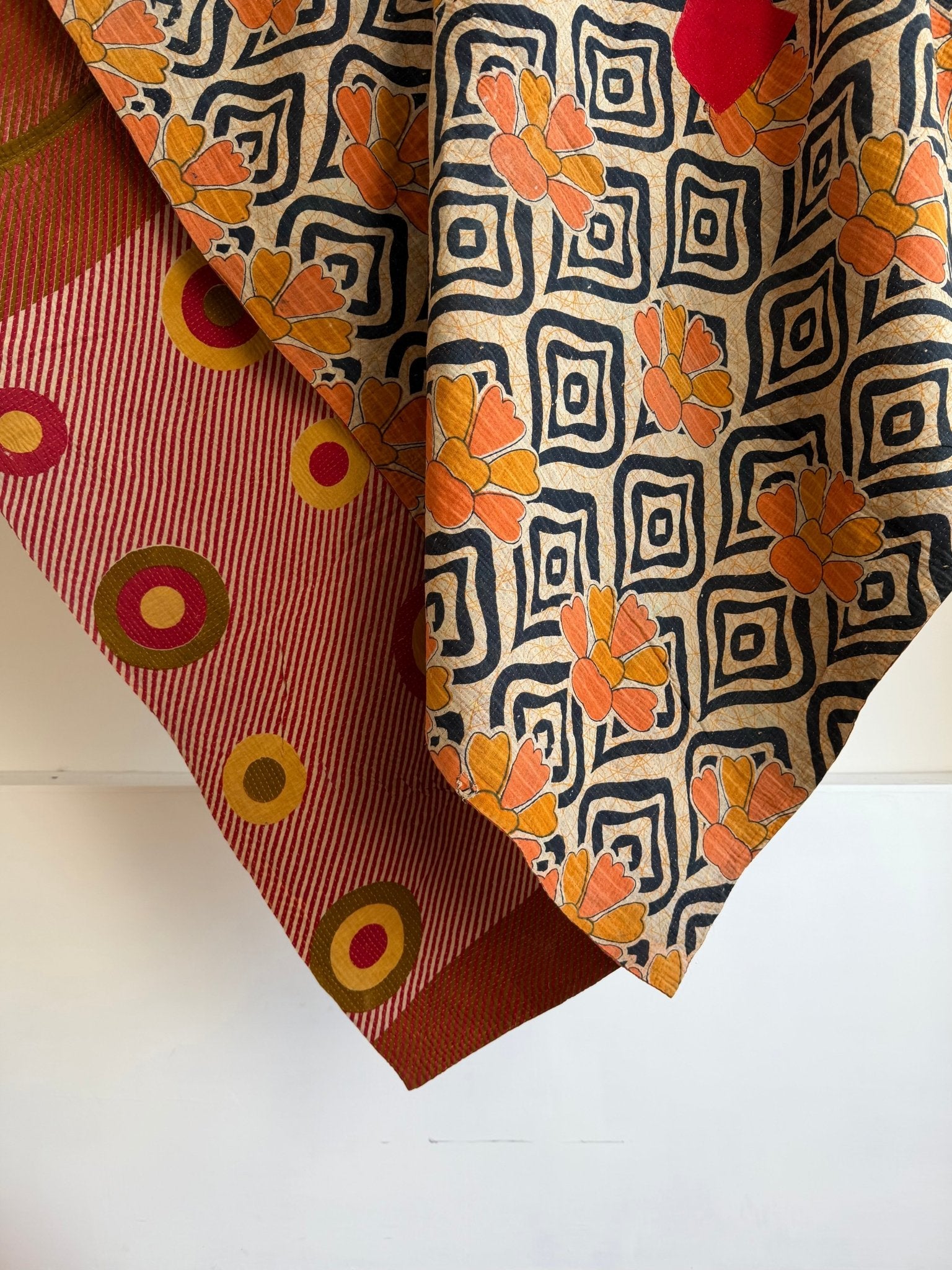 Extra Large Fine Stitched Vintage Kantha Quilt With Pink Dots and Navy Blue Patterns - Biggs & Hill