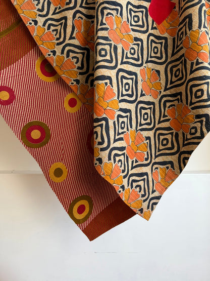 Extra Large Fine Stitched Vintage Kantha Quilt With Pink Dots and Navy Blue Patterns - Biggs & Hill