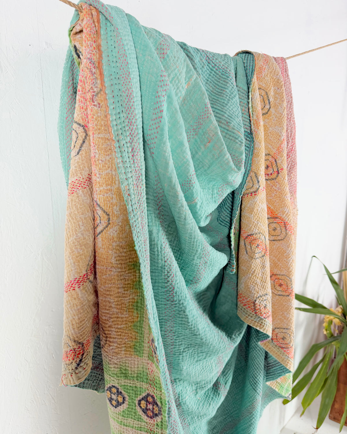 Large Embroidered Vintage Kantha Quilt in Pink, Green and Blue