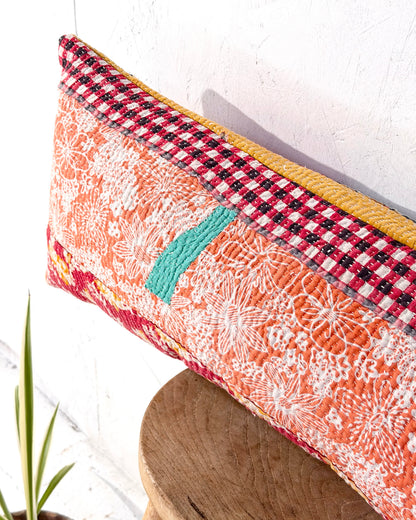 Vintage Kantha Bolster Cushion Cover In Patchwork Red and Pink - 100cm