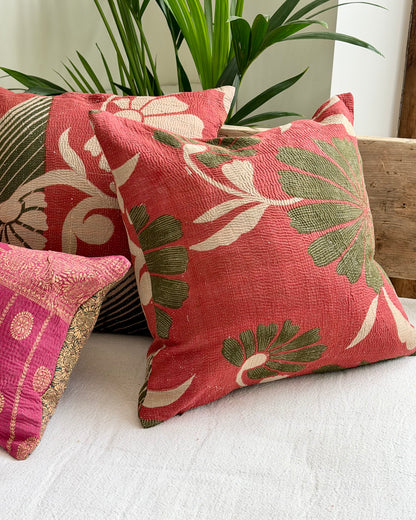 Vintage Kantha Cushion In Green and Pink- 45cm Square