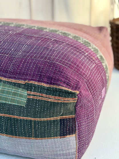 Extra Large Square Kantha Pouf Cushion Cover With Blue and Grey Stripes