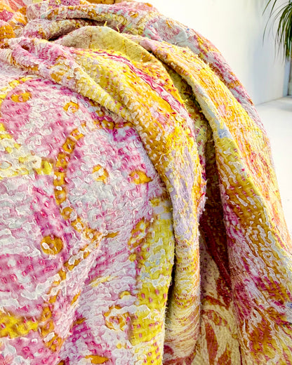 Textured Vintage Kantha Quilt In Pink and Yellow