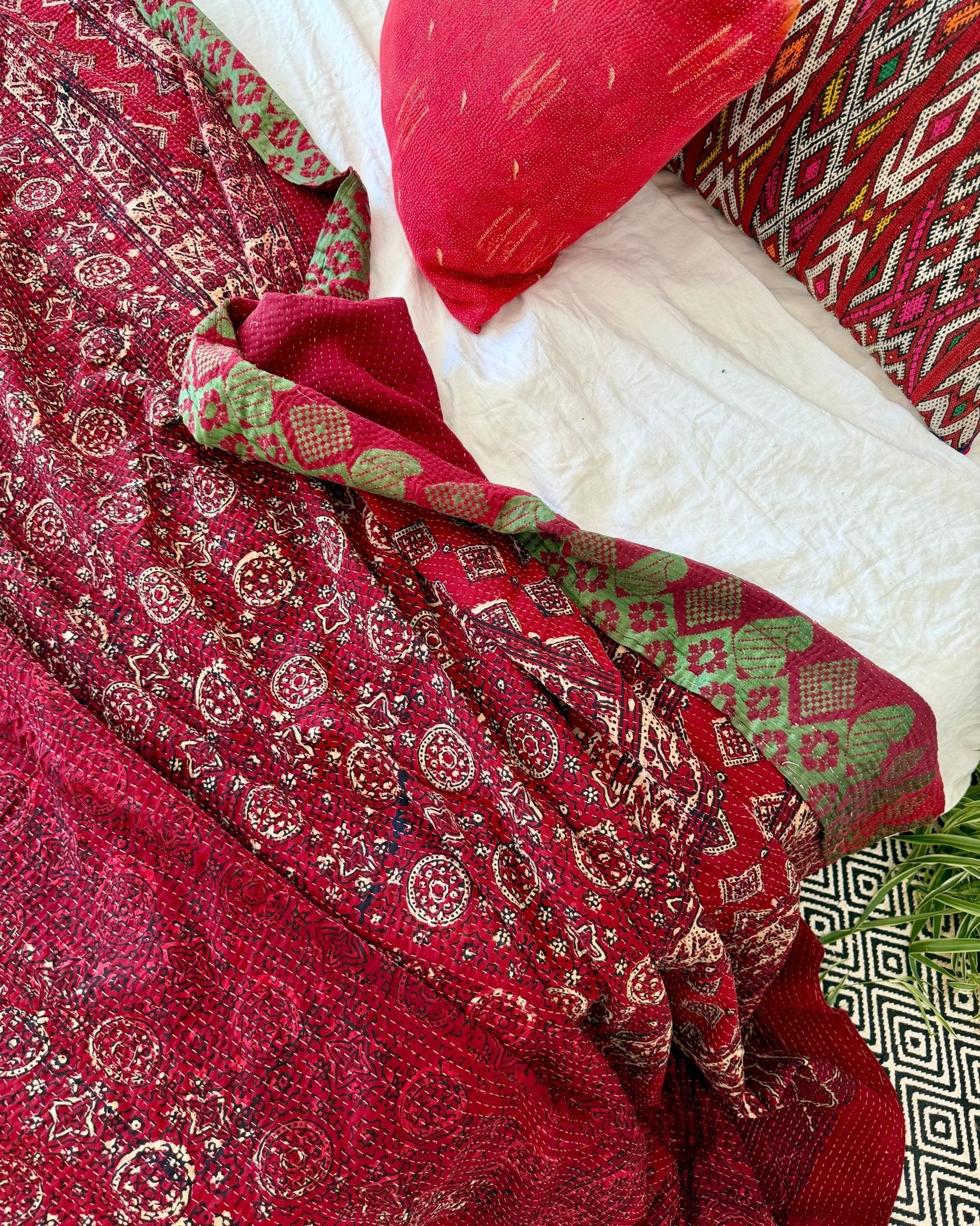 Extra Large Ajrakh Printed Vintage Kantha Quilt In Deep Red - Biggs & Hill