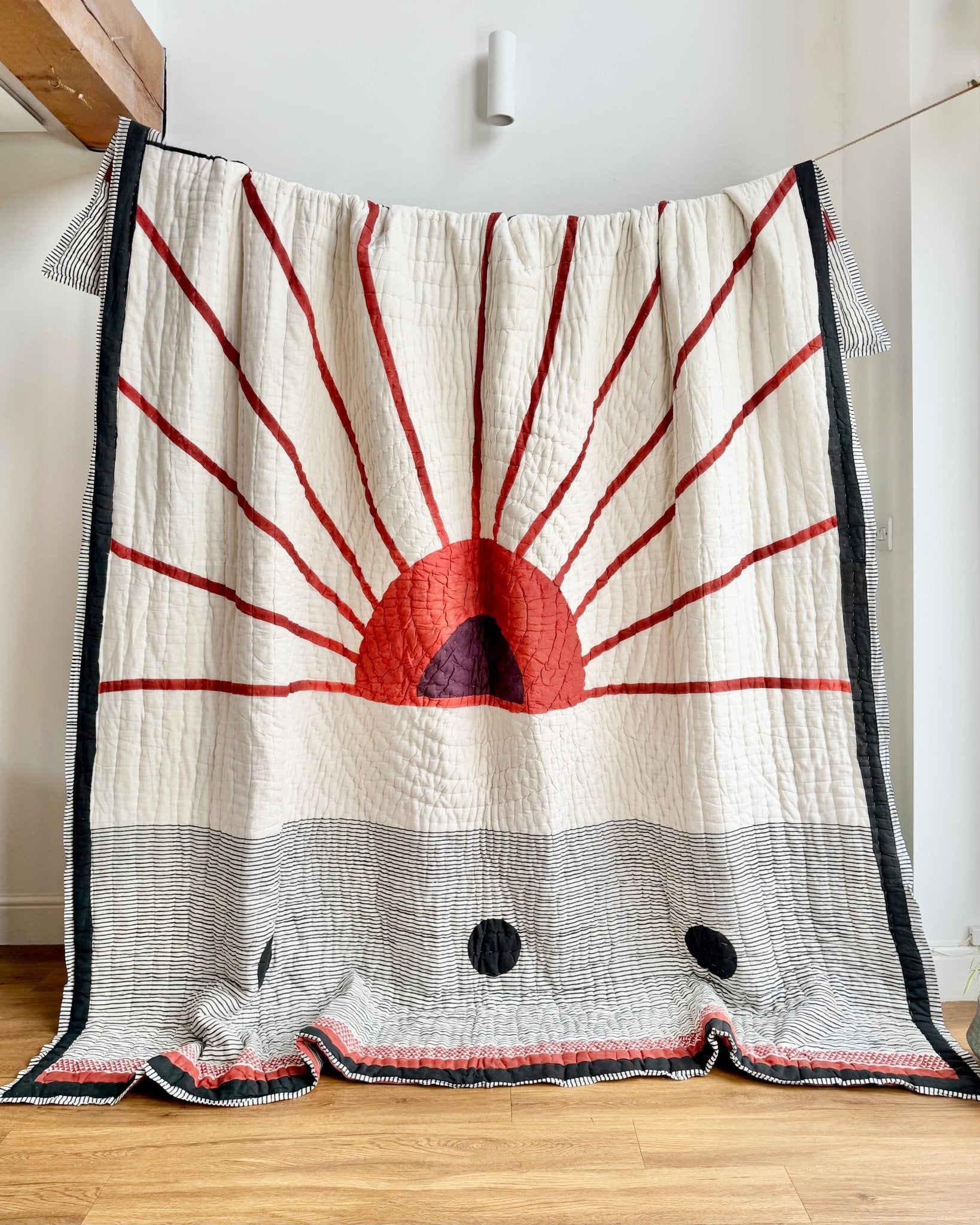 Quilted Kantha With Sun Pattern In Black, White and Red - KING - Biggs & Hill