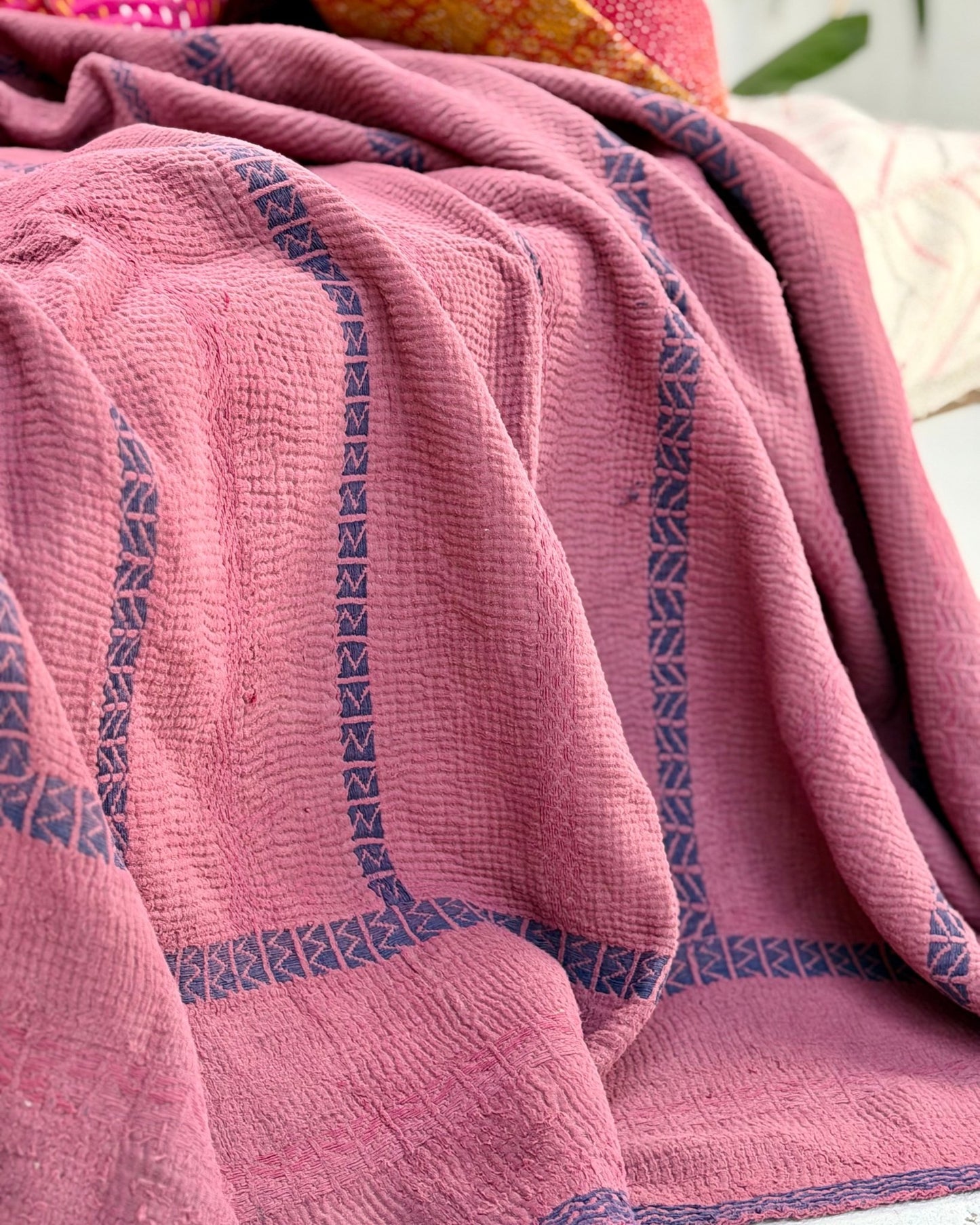 Fine Stitched Embroidered Vintage Kantha Quilt in Deep Plum - Biggs & Hill