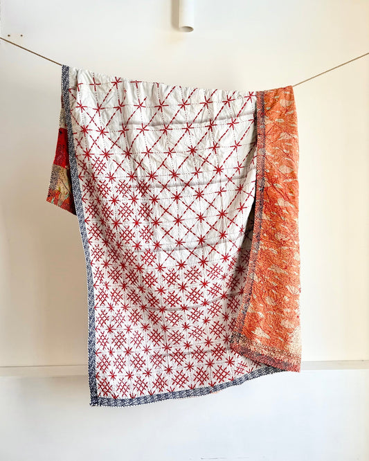 Star Embroidered Vintage Kantha Quilt in White and Red