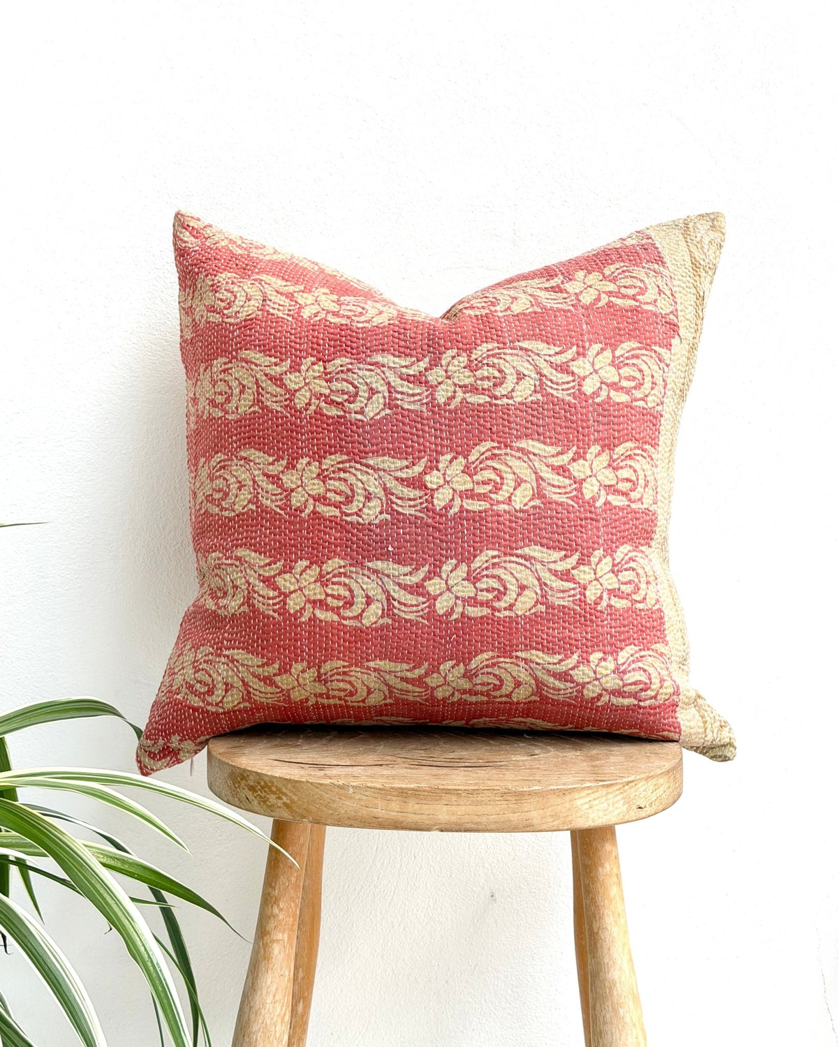 Handmade Vintage Kantha Cushion Cover In Pink and Beige- 45cm (18") - Biggs & Hill