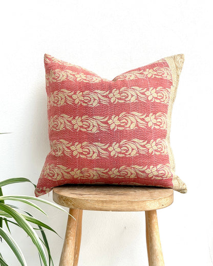 Handmade Vintage Kantha Cushion Cover In Pink and Beige- 45cm (18") - Biggs & Hill
