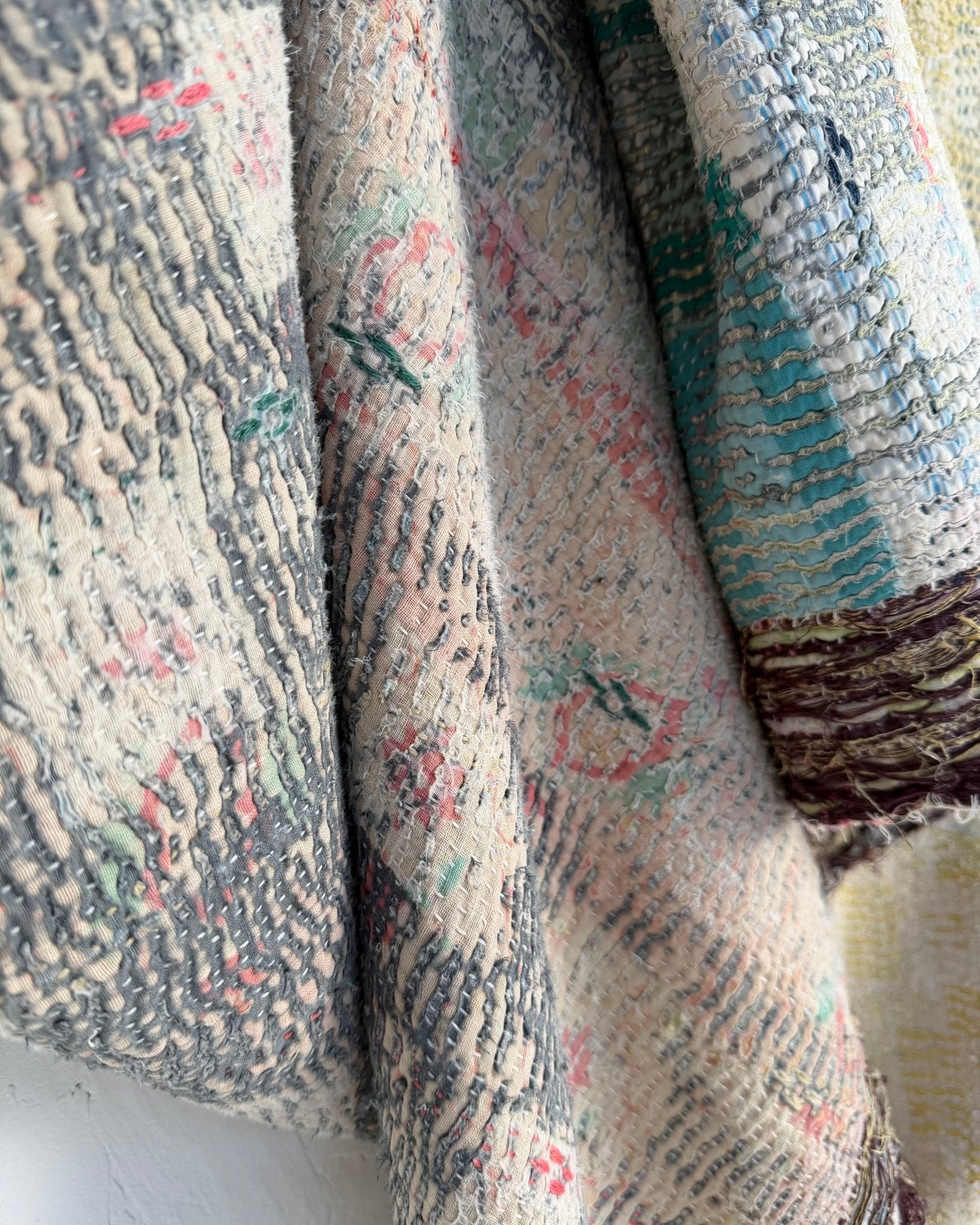 Textured Vintage Kantha Quilt In Blue and Gold - Biggs & Hill