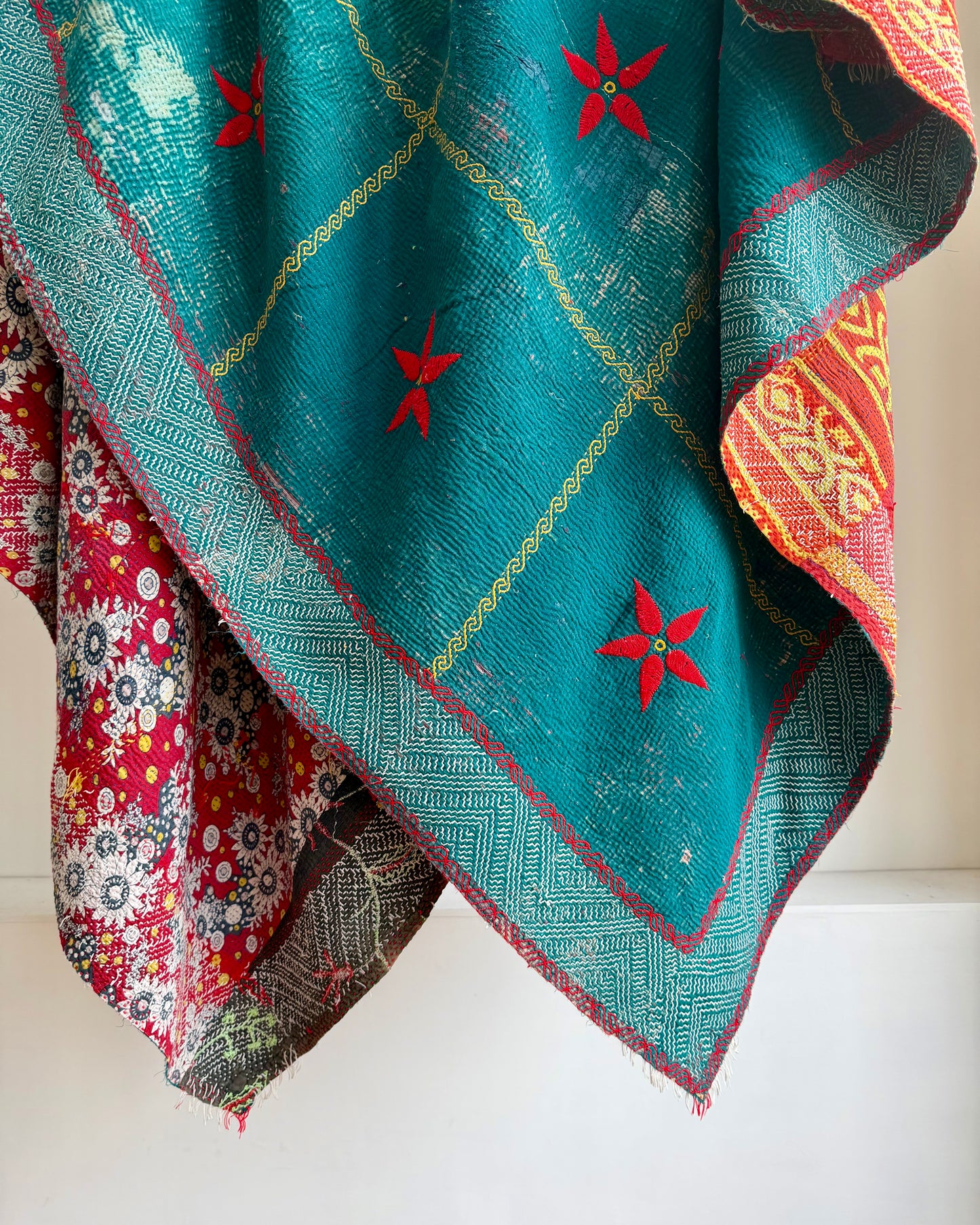 Large Fine Stitched Vintage Kantha Quilt In Emerald Green With Holbein Stitch Border