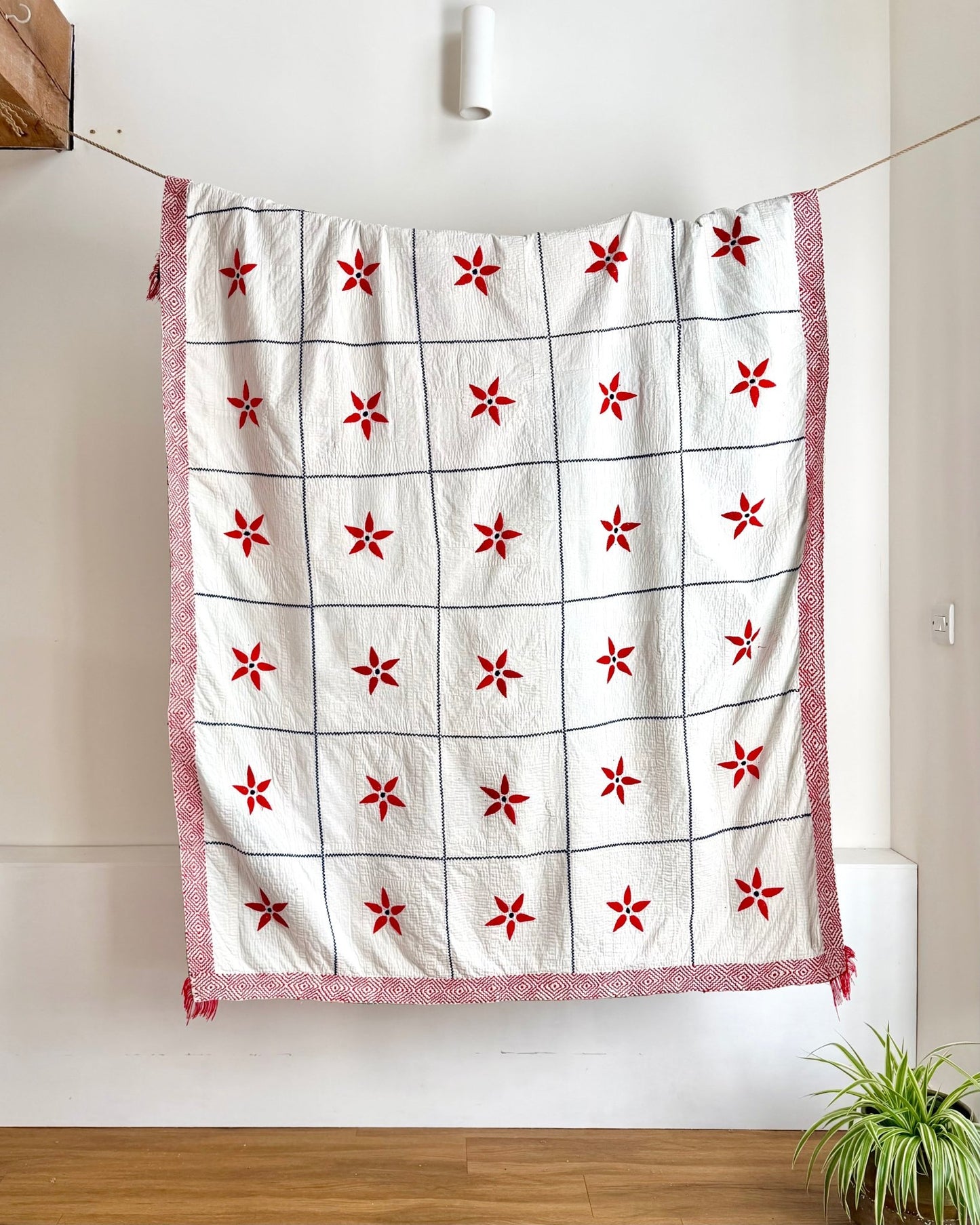 Large Embroidered Vintage Kantha Quilt in White With Red Flower Pattern - Biggs & Hill