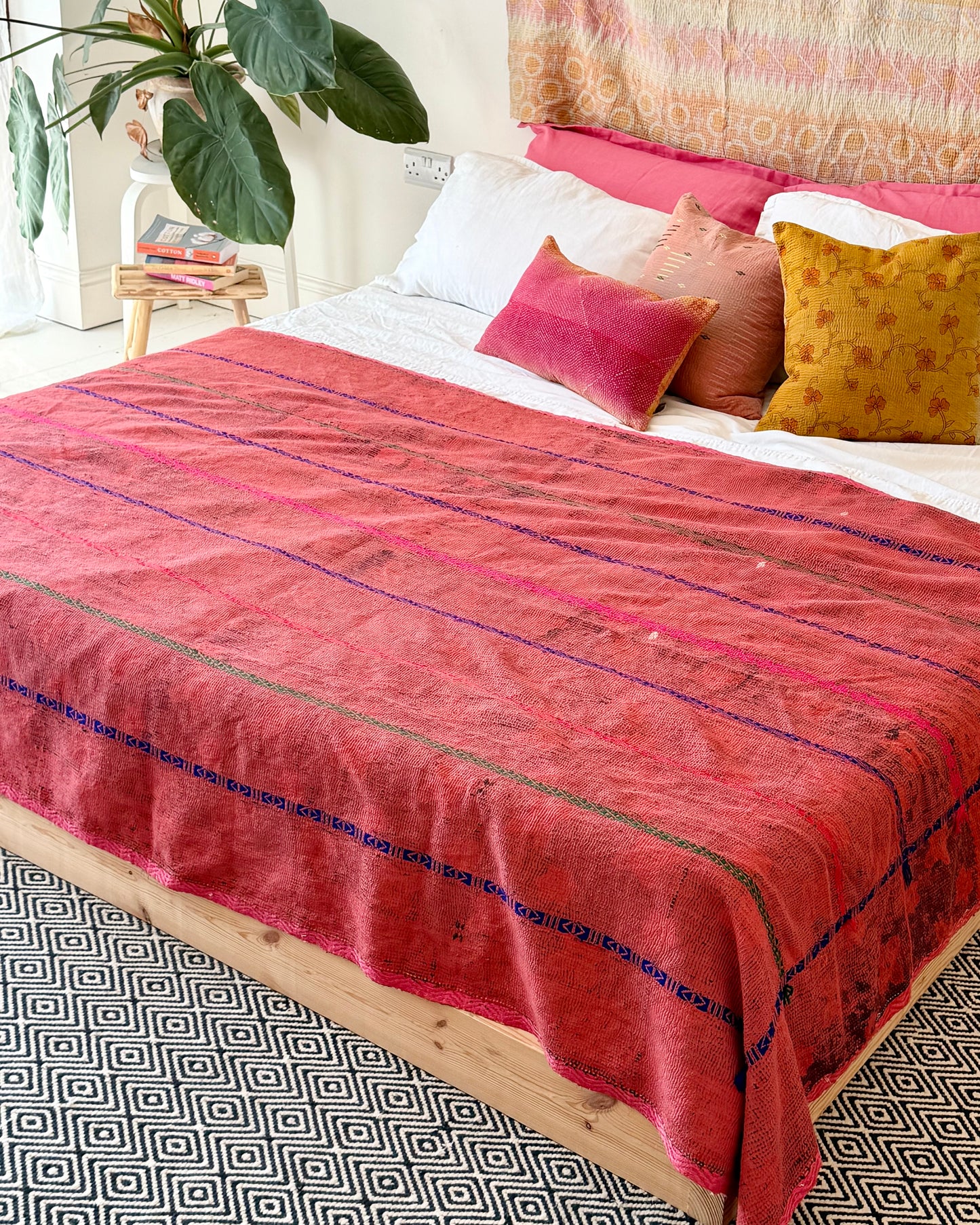 Extra Large Embroidered Vintage Kantha Quilt in Deep Red