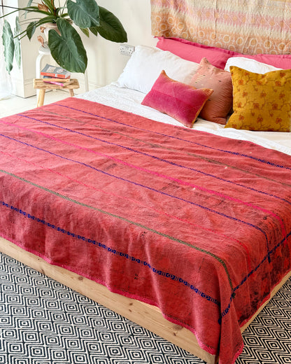 Extra Large Embroidered Vintage Kantha Quilt in Deep Red