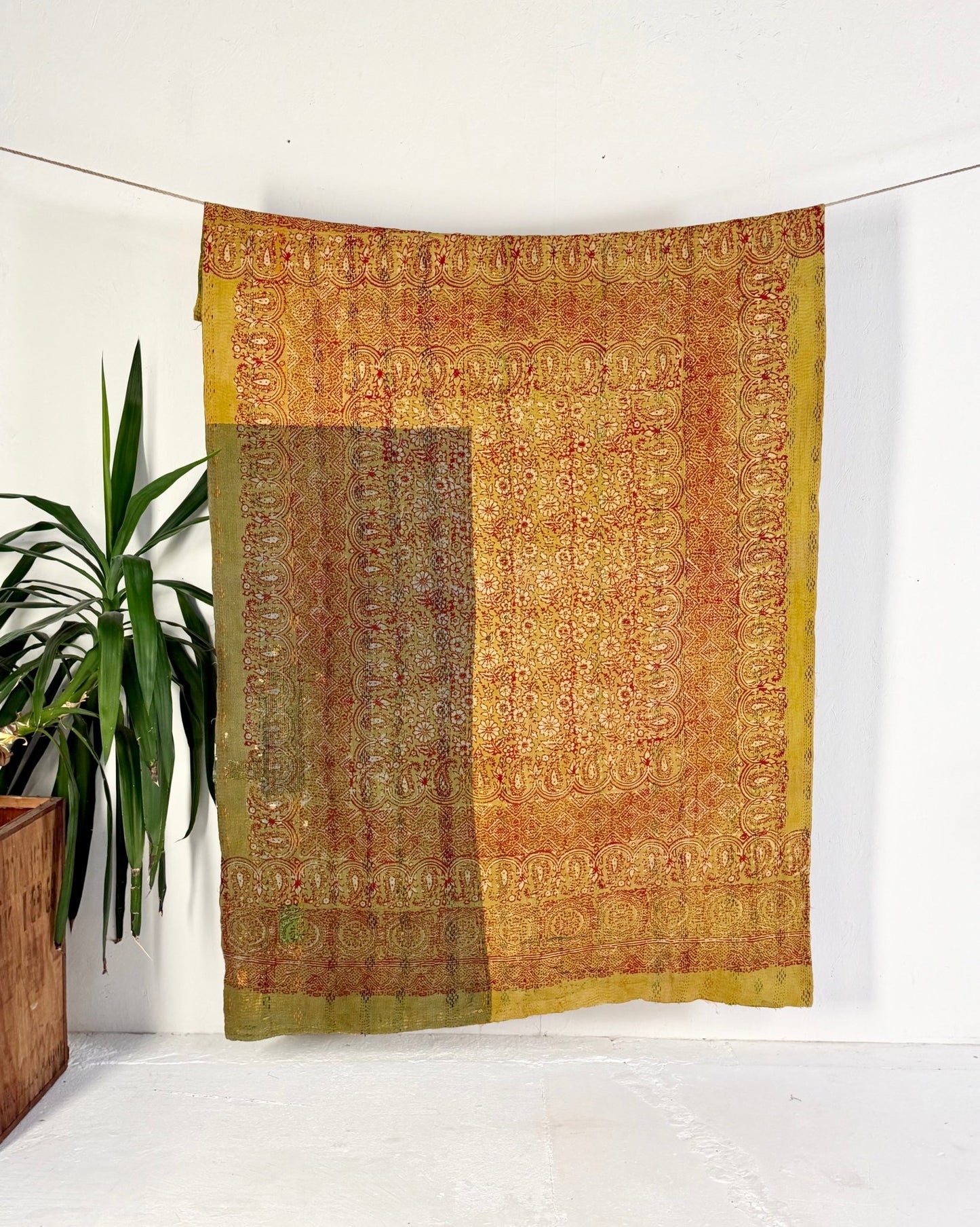 Ajrakh Printed Vintage Kantha Quilt In Green-Gold - Biggs & Hill
