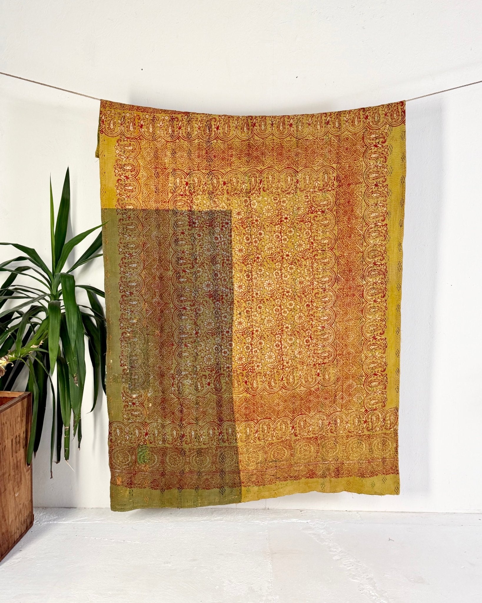 Ajrakh Printed Vintage Kantha Quilt In Green-Gold - Biggs & Hill