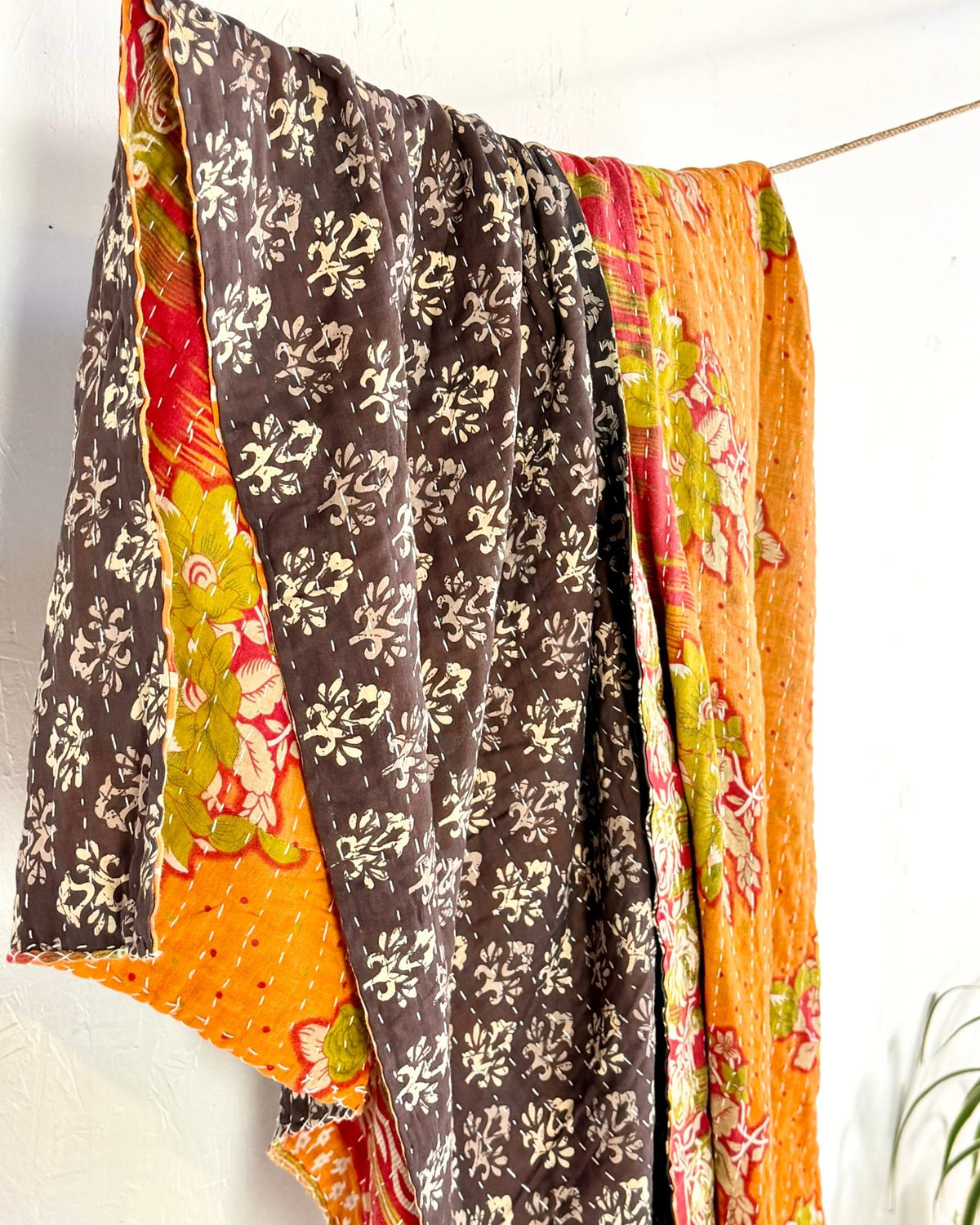 Vintage Cotton Kantha Quilt In Orange and Blue 02 - Biggs & Hill