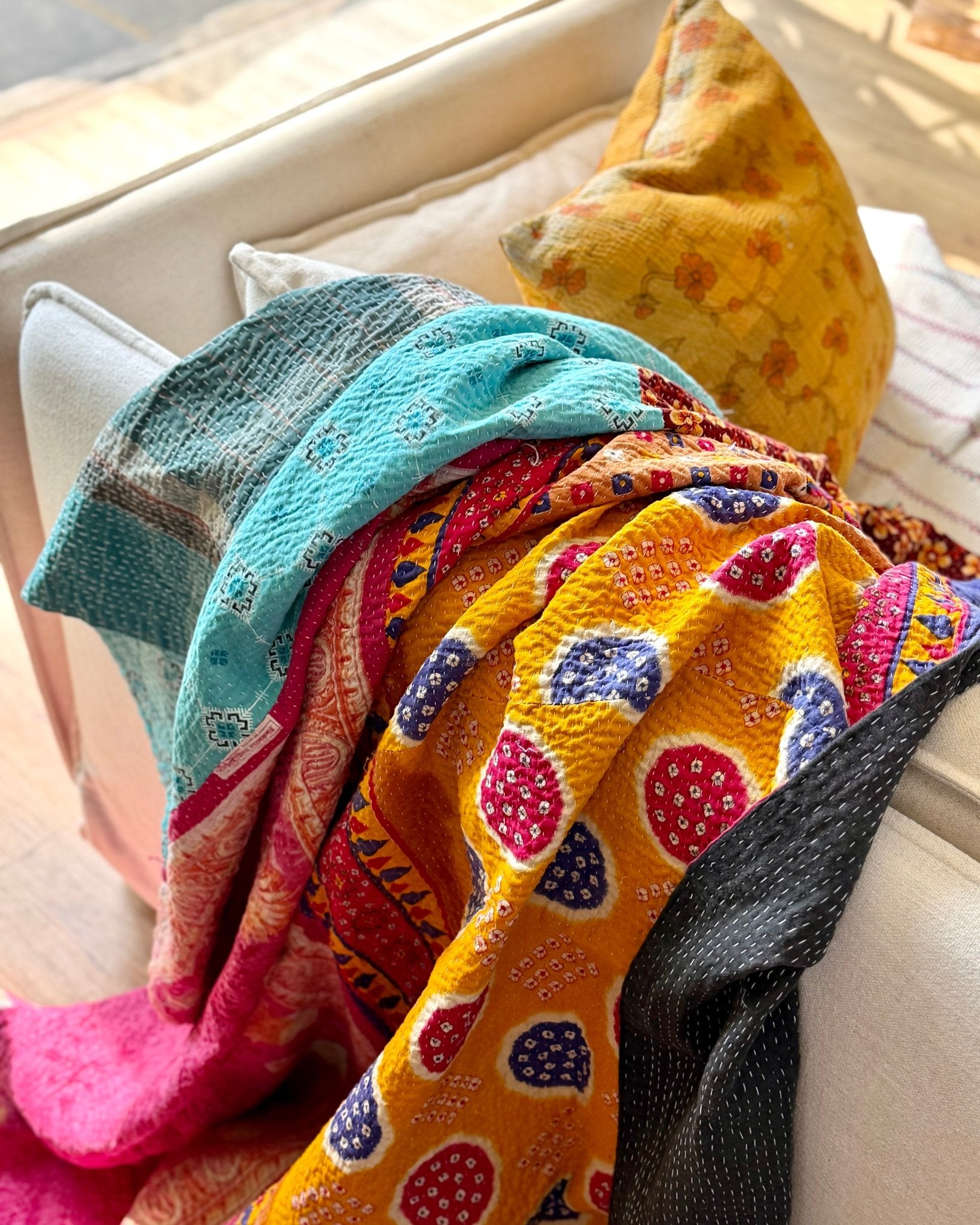 Large Fine Stitched Vintage Kantha Quilt in Pink, Turquoise and Yellow - Biggs & Hill