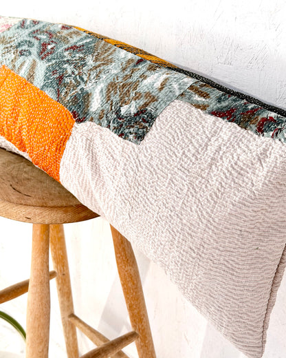 Vintage Kantha Bolster Cushion Cover In Patchwork Orange, Green and White - 100cm