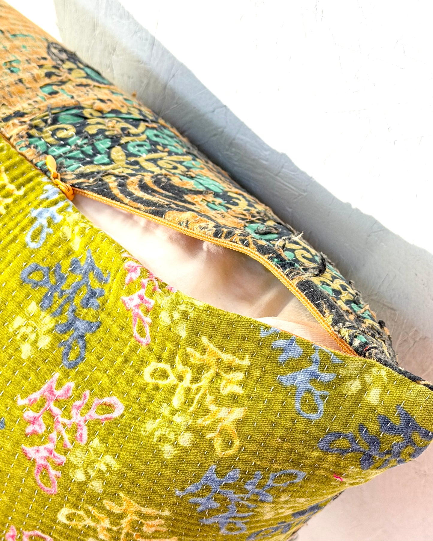 Handmade Vintage Kantha Cushion Cover In Textured Orange and Green - 50cm Square