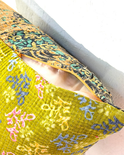 Handmade Vintage Kantha Cushion Cover In Textured Orange and Green - 50cm Square