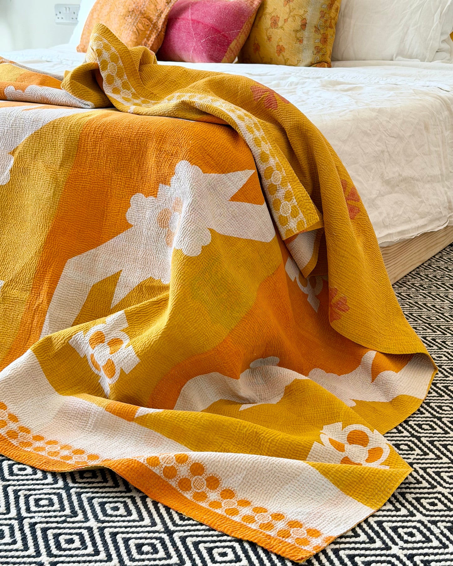 Extra Large Fine Stitched Vintage Kantha Quilt in Geometric Yellow and Orange